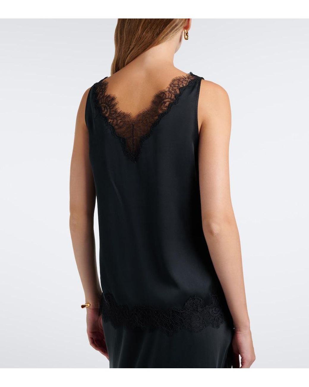 Velvet Black Lace-Trimmed Silk Satin Top