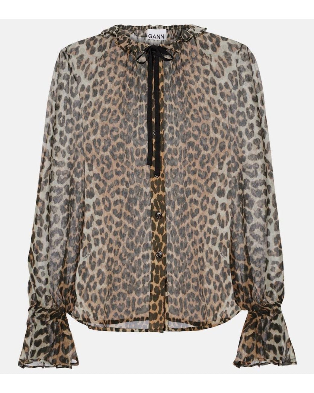 Ganni Brown Leopard-Print Tie-Neck Chiffon Blouse