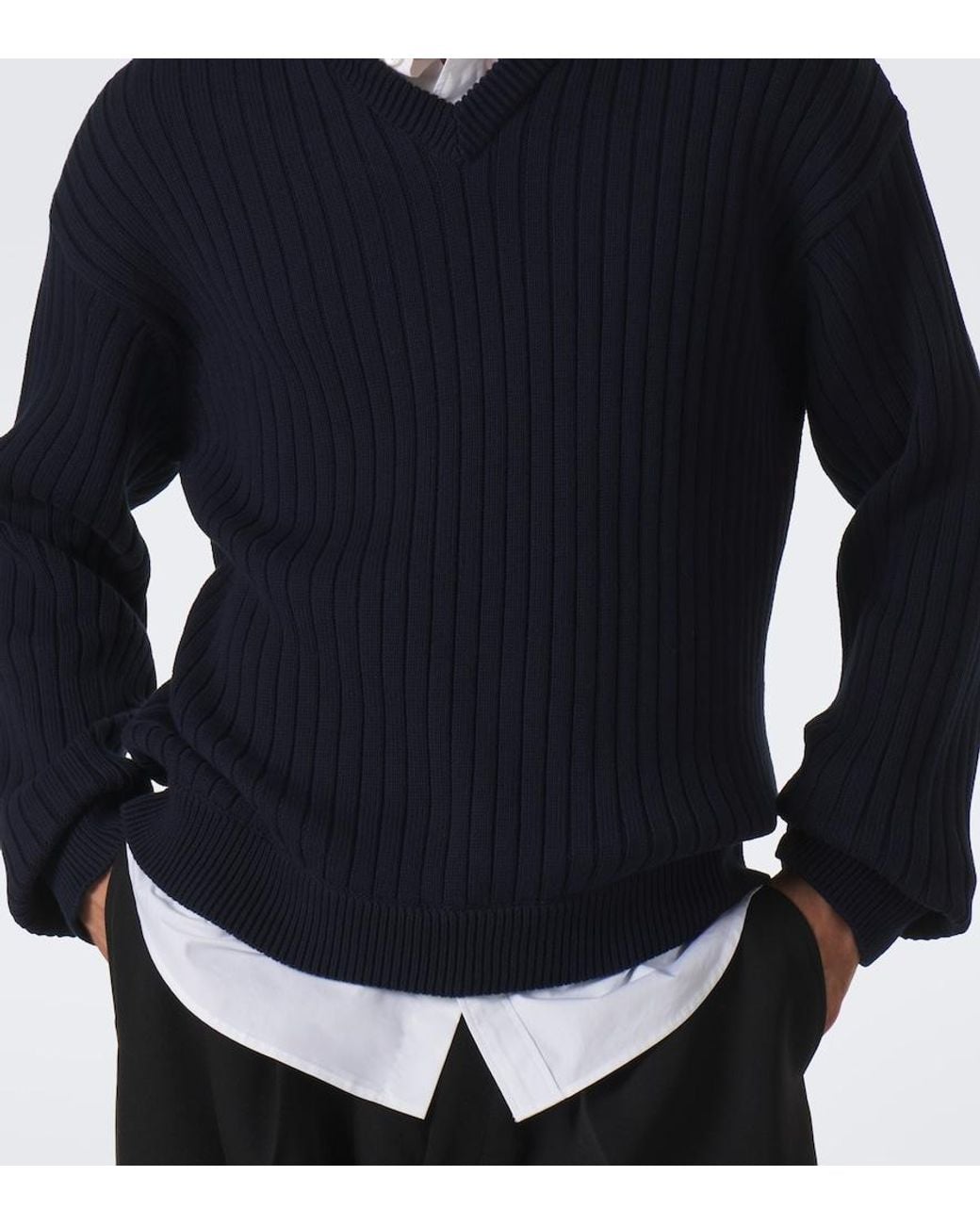 Balenciaga Blue Layered Ribbed-Knit Cotton Sweater for men