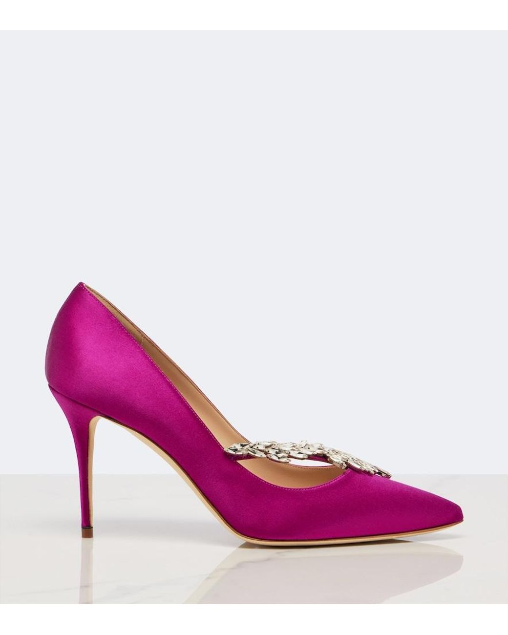 Manolo Blahnik Pink Nadira Embellished Satin Pumps