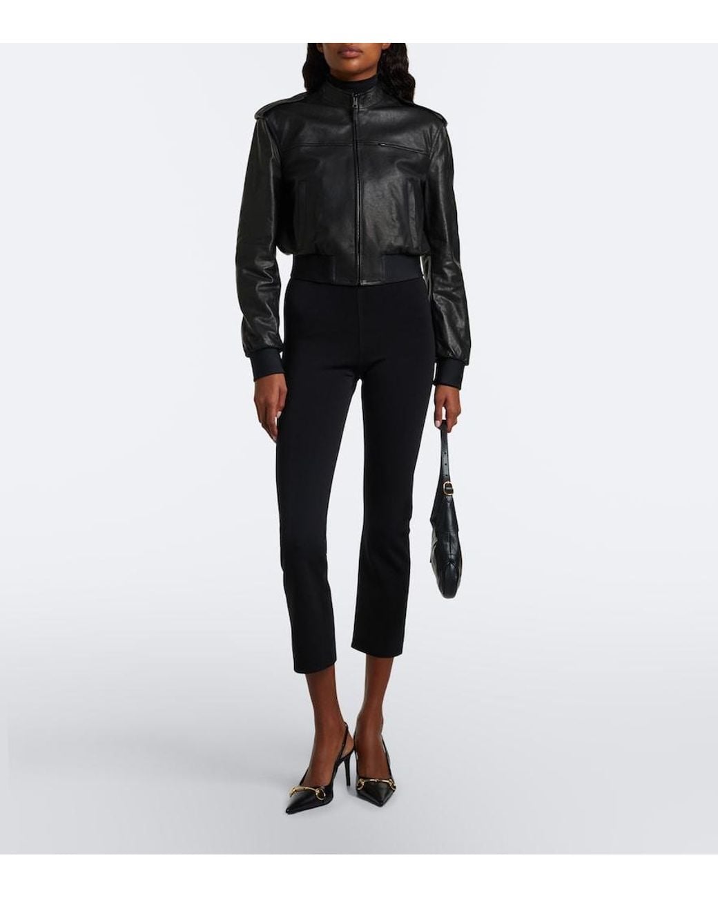Gucci Black Cropped Leather Bomber Jacket