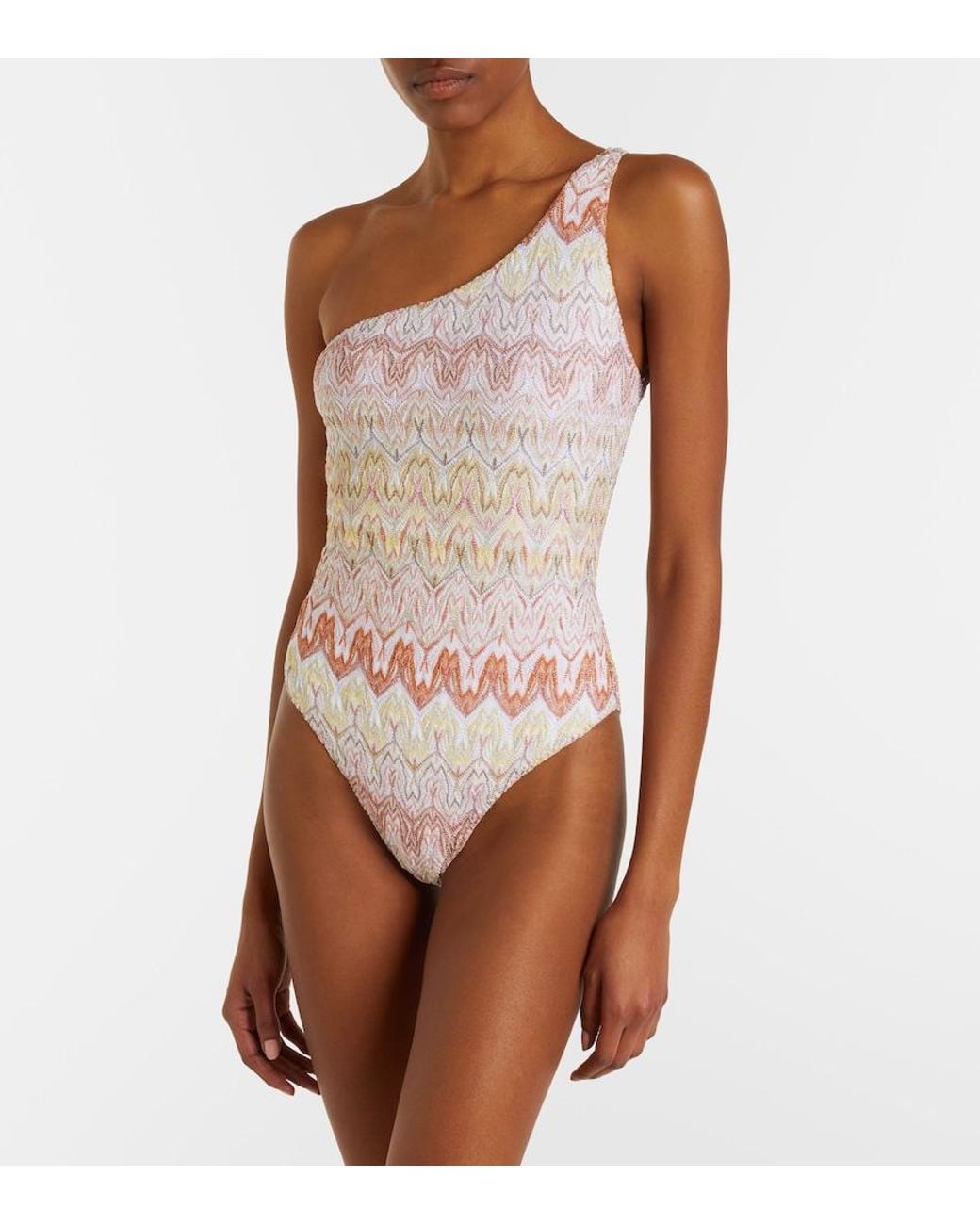 Missoni Pink Zigzag One-Shoulder Lame Swimsuit