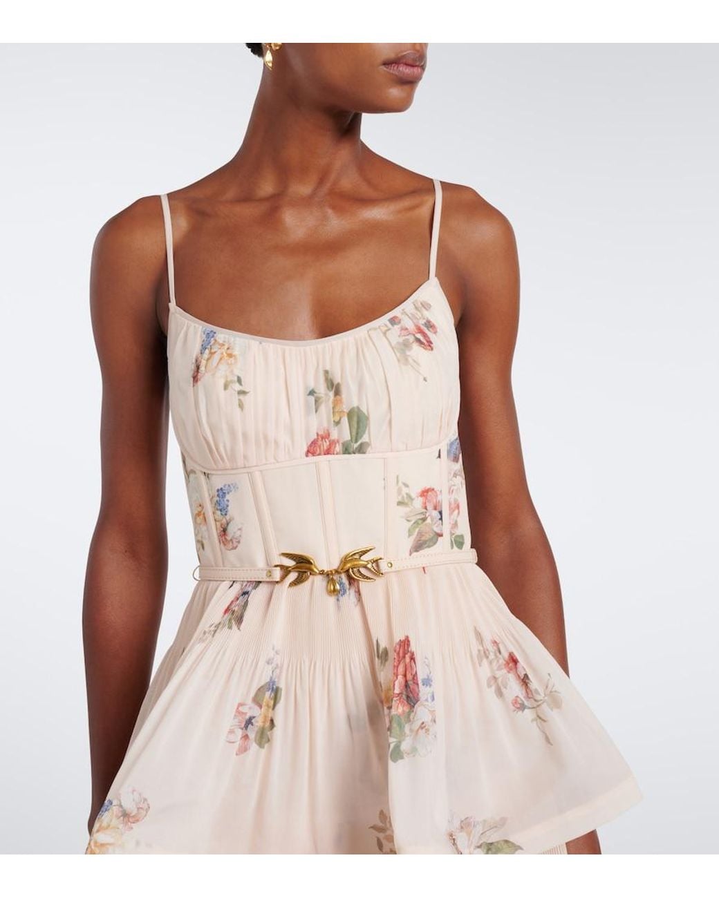 Zimmermann Natural Floral Pleated Tiered Bustier Dress