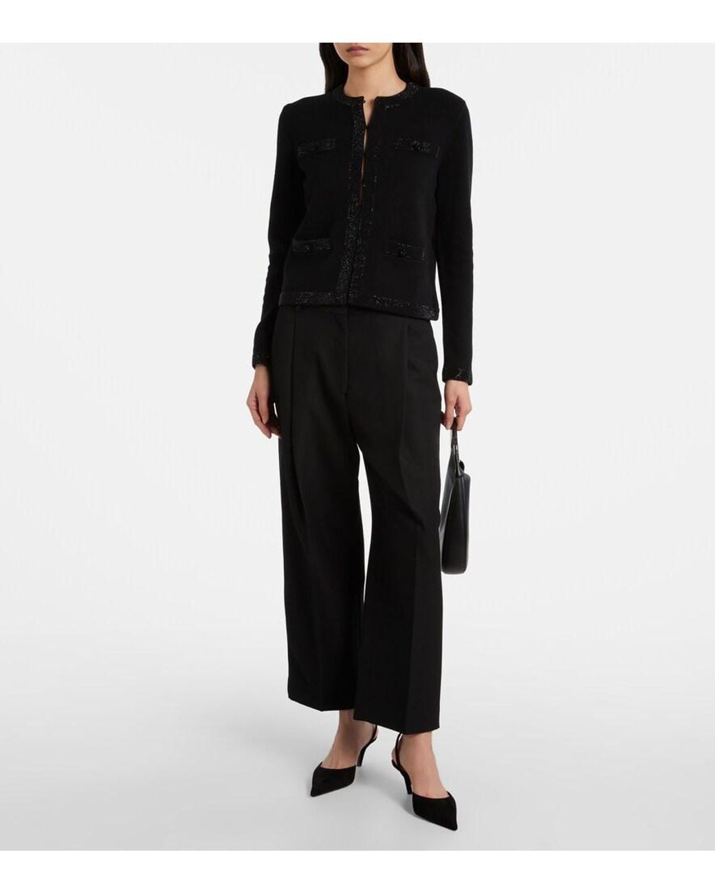 Tory Burch Black Embellished Wool-Blend Cardigan