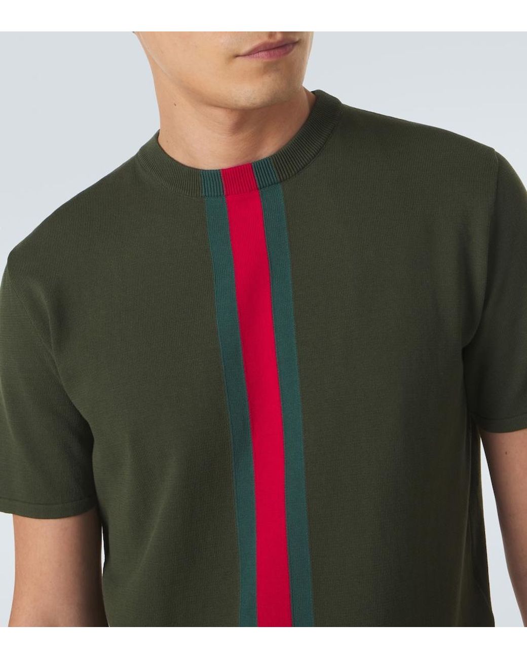 Gucci Green Web Stripe Knitted Cotton T-Shirt for men