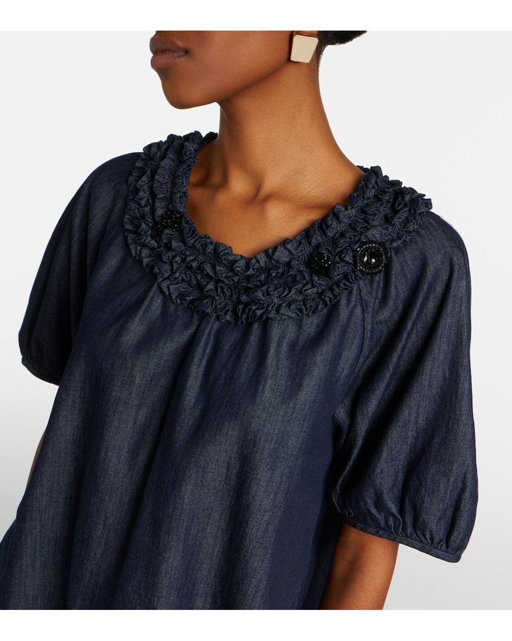 Max Mara Blue Embellished Ruffled Denim Blouse