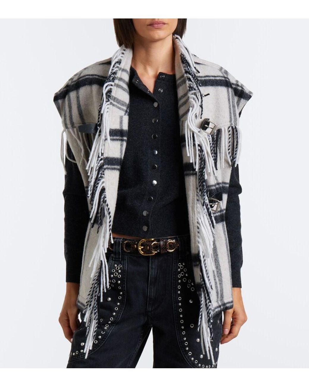 Isabel Marant White Ginesa Checked Fringed Wool-Blend Vest