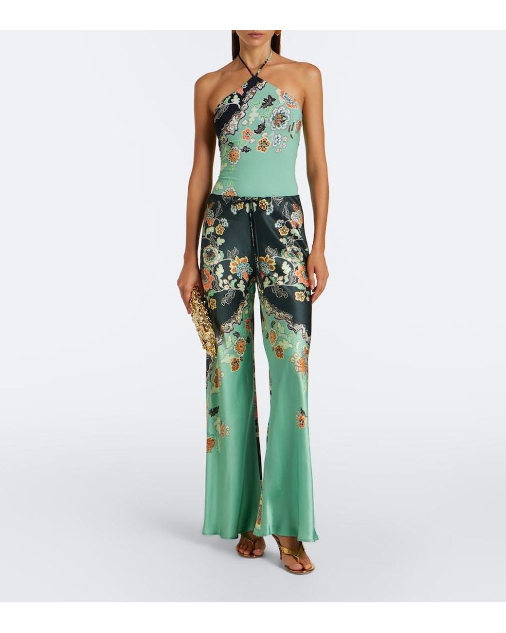 Roberto Cavalli Green Floral Silk Satin Flared Pants