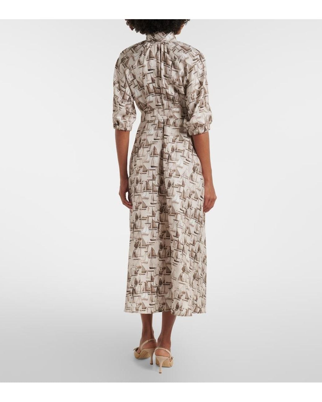 Max Mara White Printed Tie-Neck Silk Twill Midi Dress