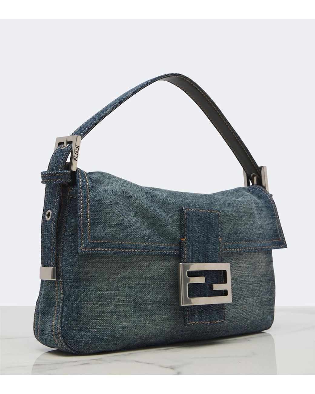 Fendi Blue Baguette 26424 Small Denim Shoulder Bag