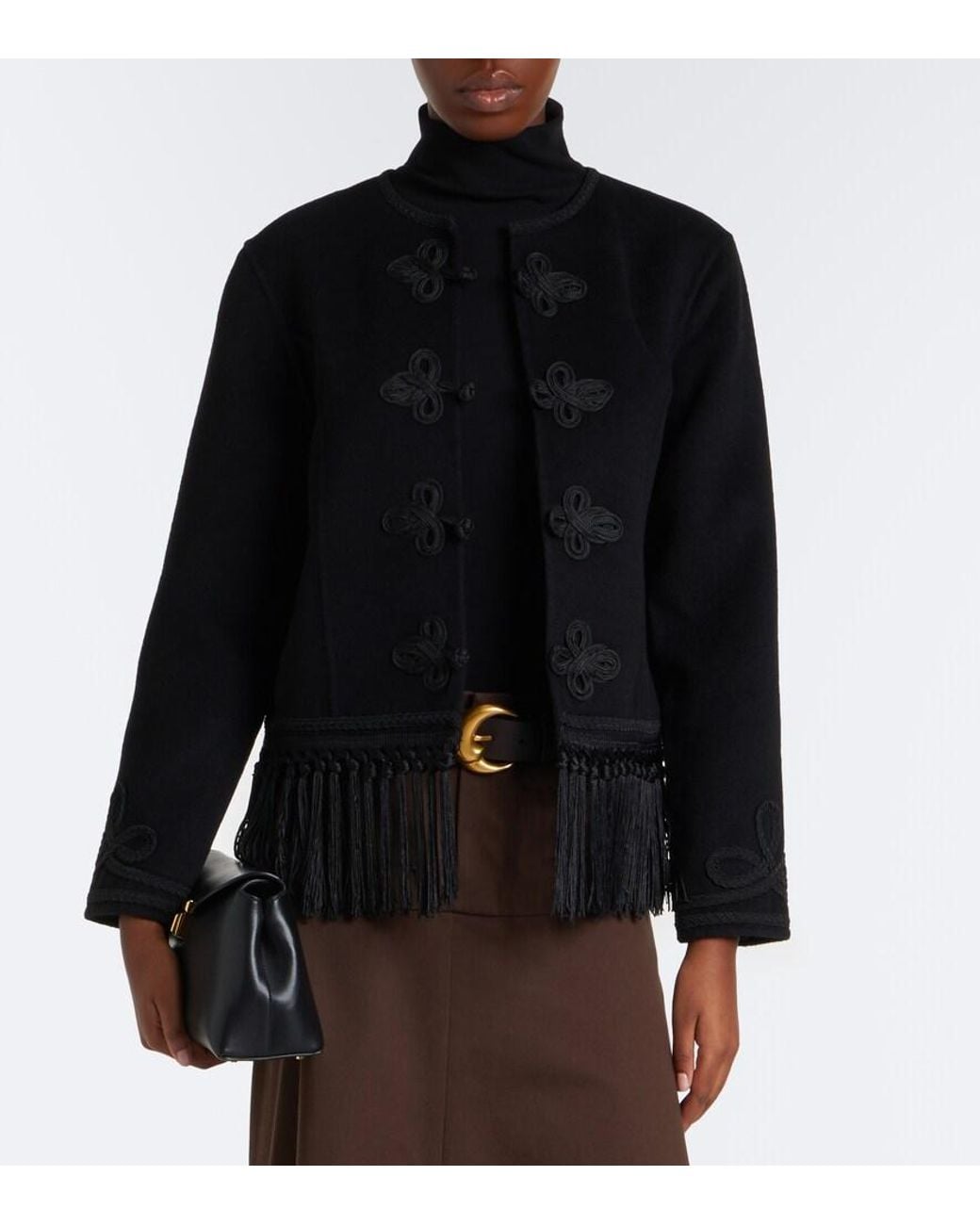 Rixo Black Inga Fringed Wool-Blend Jacket