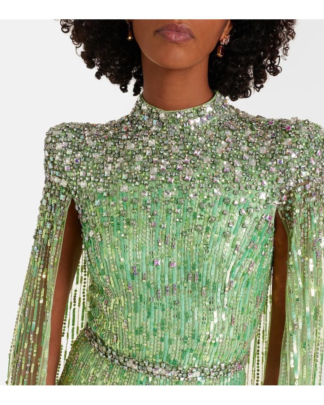 Jenny Packham Green Opera Embellished Caped Gown