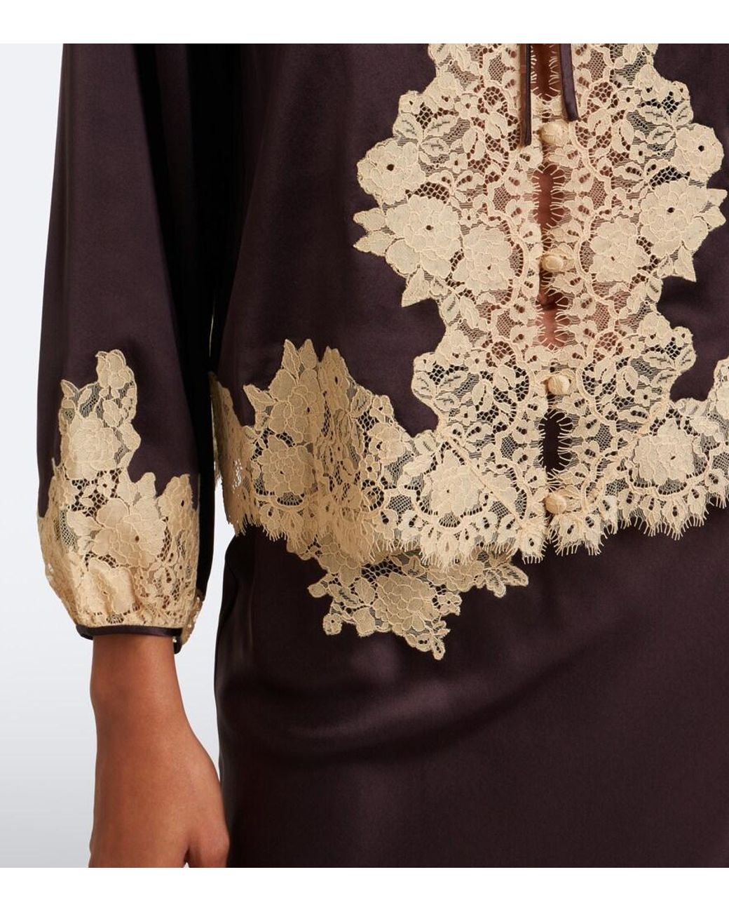 Doen Black Lucine Lace-Trimmed Silk Satin Blouse