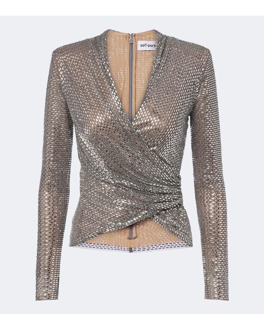 Self-Portrait Gray Rhinestone-Embellished Top