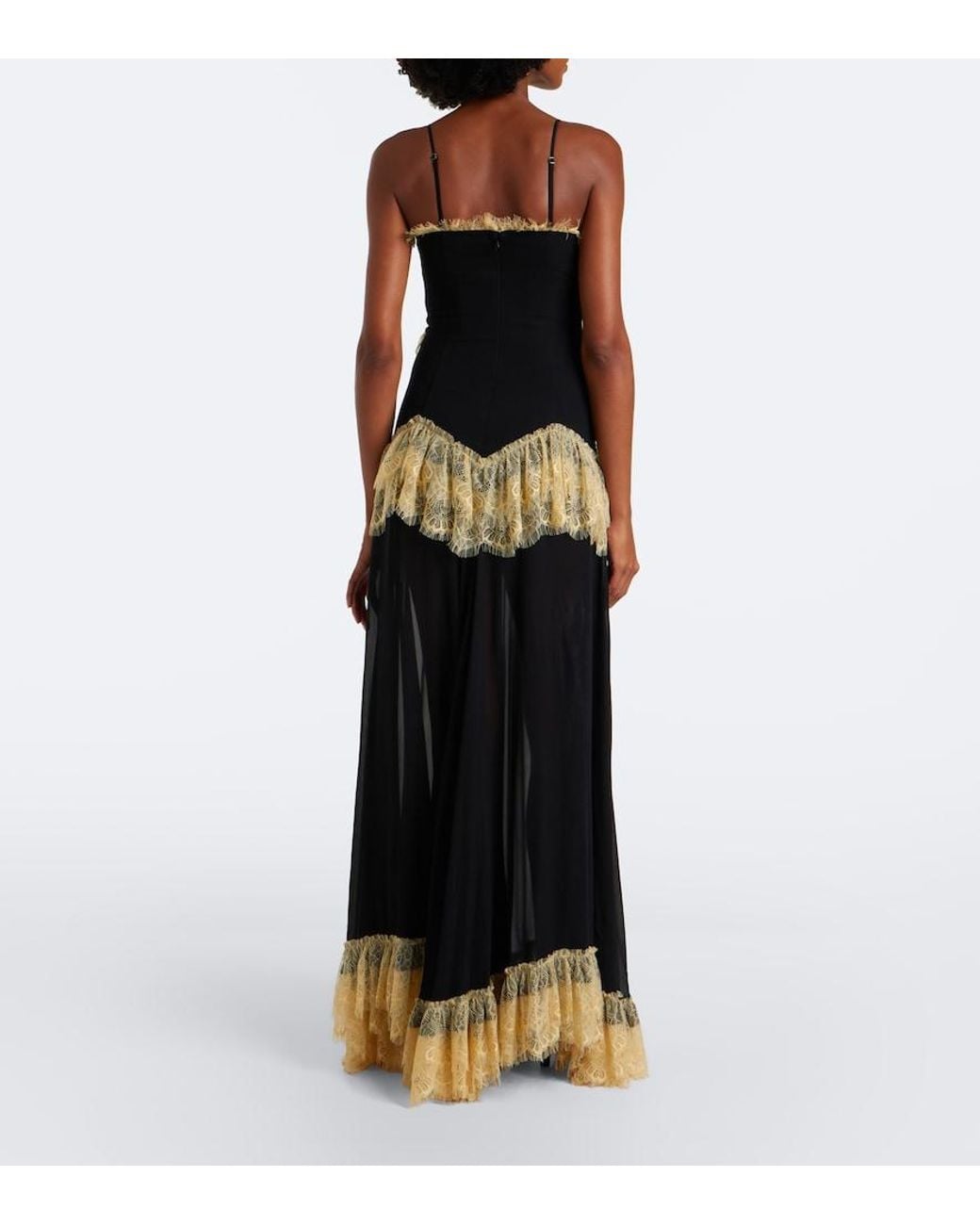 De La Vali Black Estela Lace-Trimmed Georgette Maxi Dress