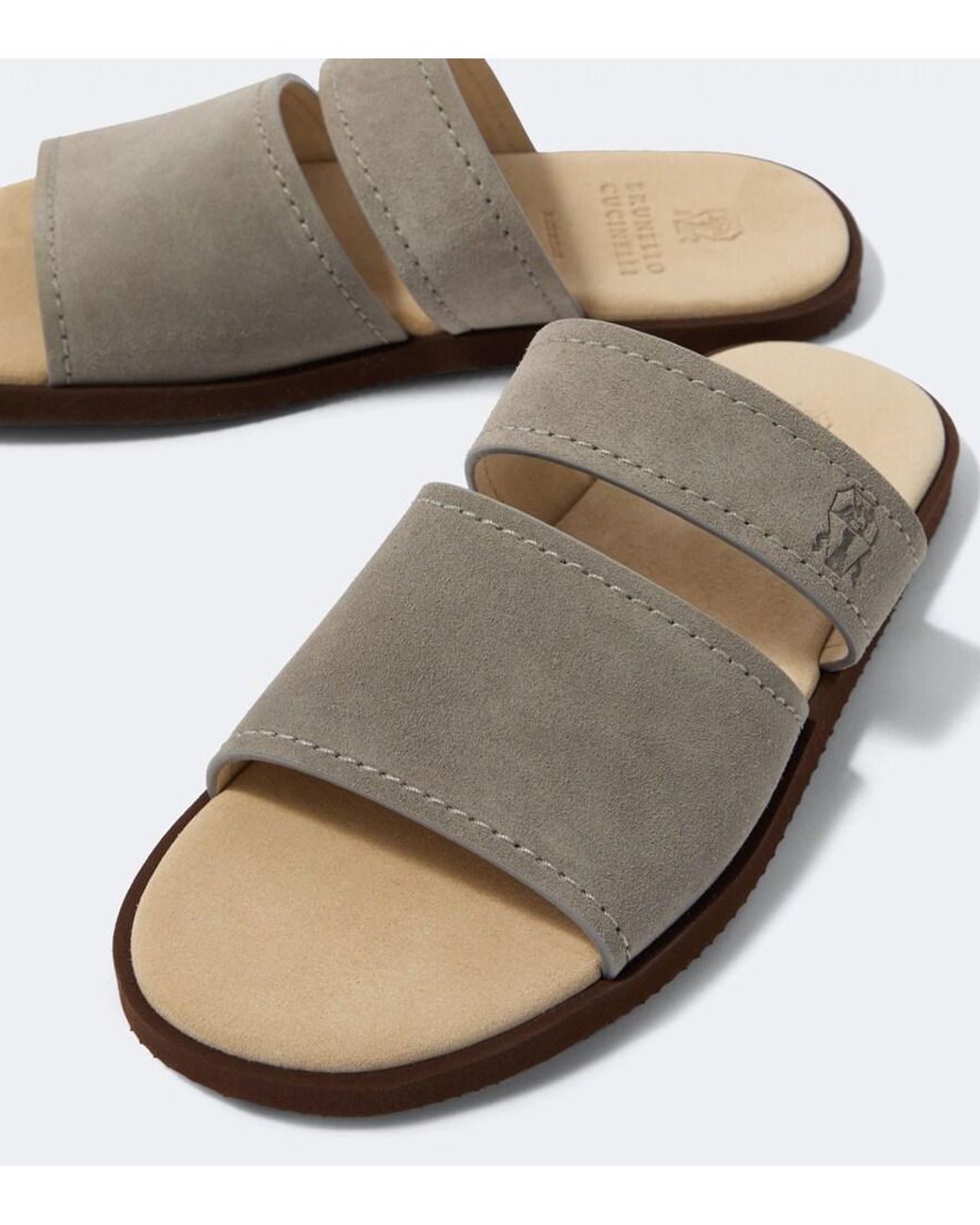 Brunello Cucinelli White Logo Suede Sandals for men