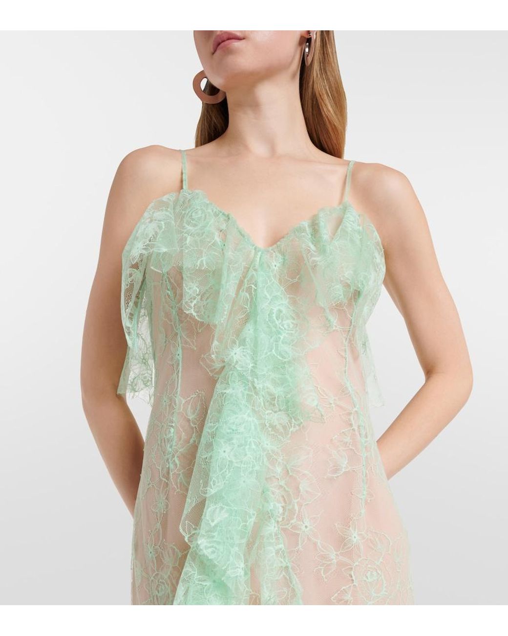 Blumarine Green Ruffled Sheer Lace Gown