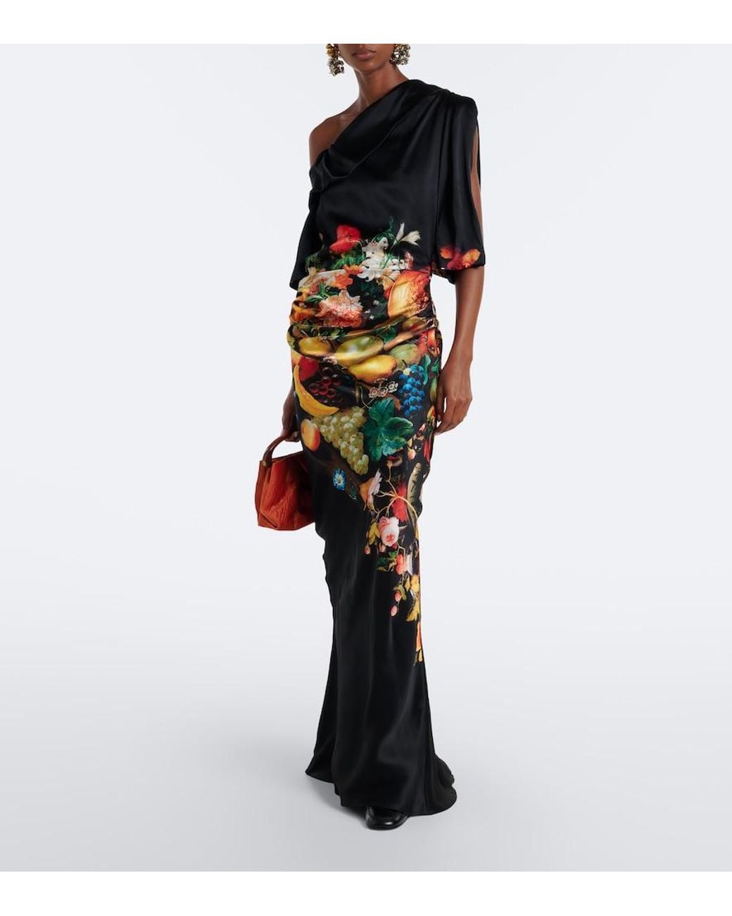 Dries Van Noten Black Draped Printed Silk Satin Gown