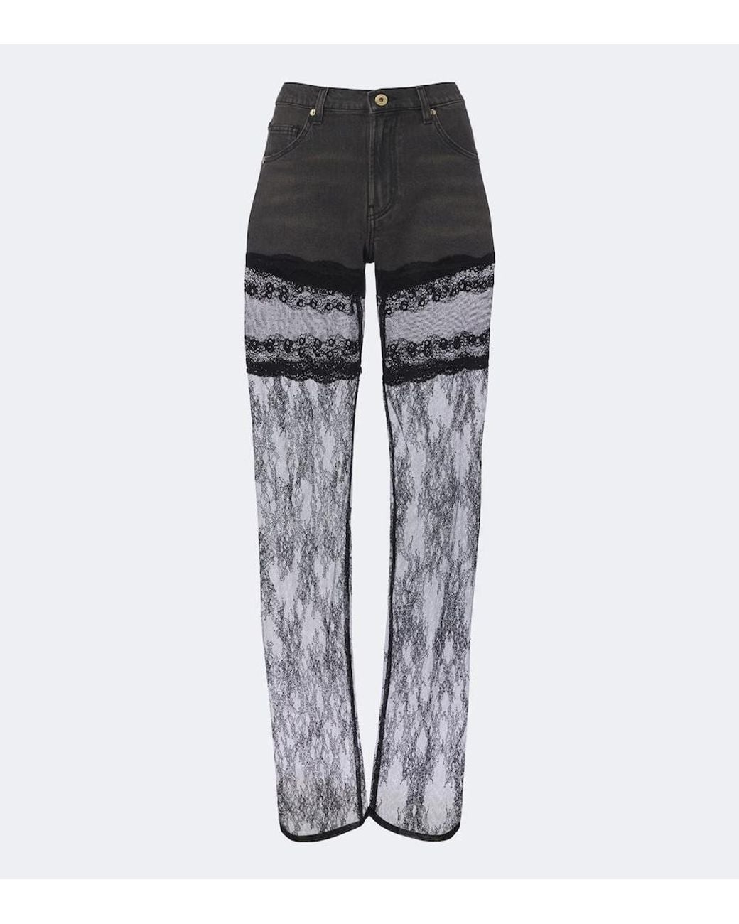 Blumarine Gray Lace-Trimmed Wide-Leg Jeans
