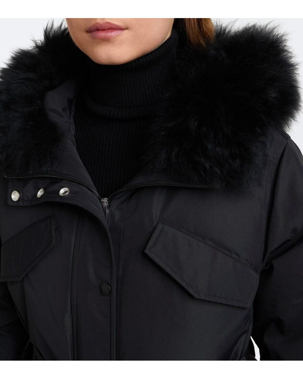 Yves Salomon Black Belted Shearling-Trimmed Ski Jacket