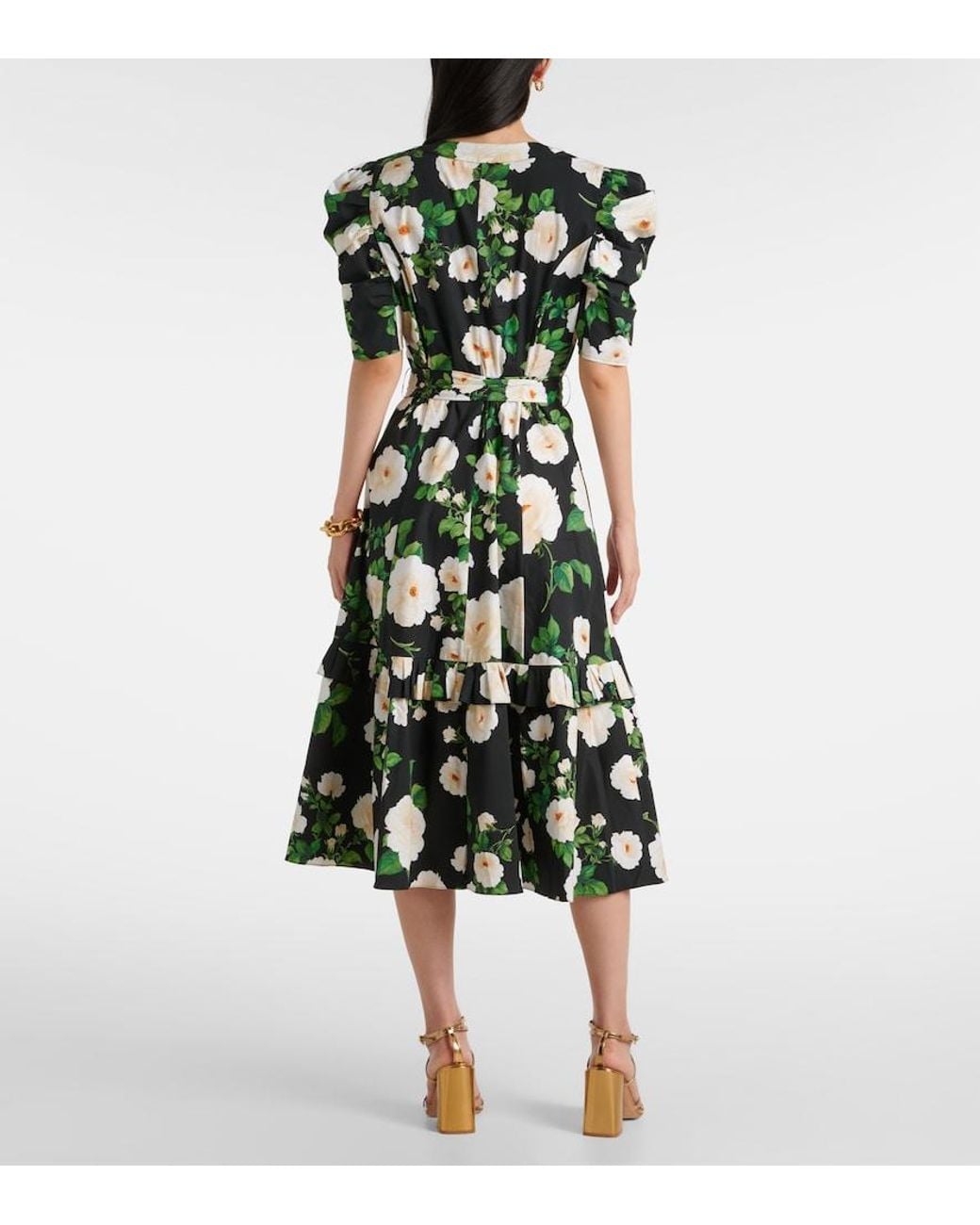 Carolina Herrera Green Floral Cotton-Blend Midi Dress