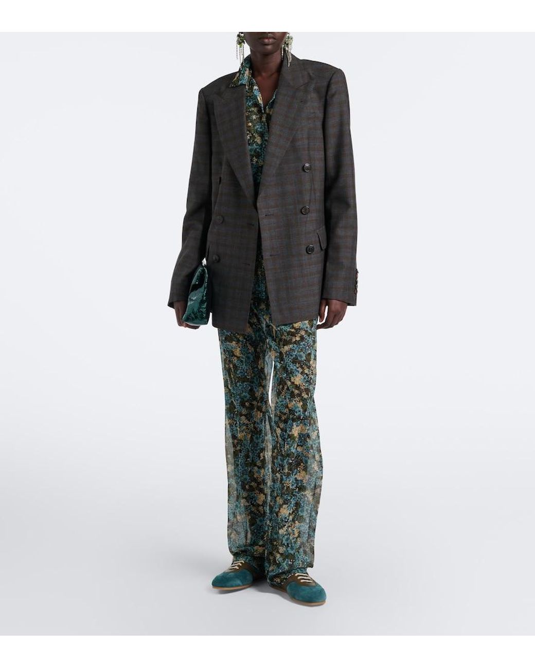 Dries Van Noten Blue Semi-Sheer Floral Wide-Leg Pants