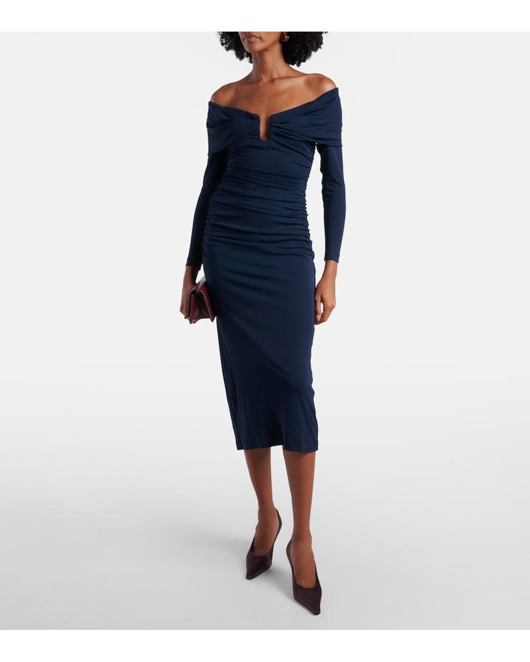 Carolina Herrera Blue Off-Shoulder Ruched Midi Dress