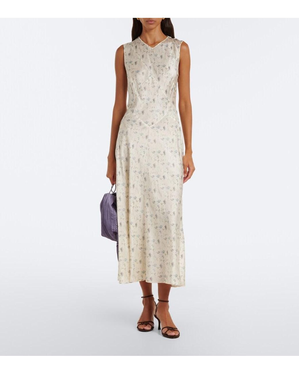 Doen White Adelana Floral Silk Satin Midi Dress
