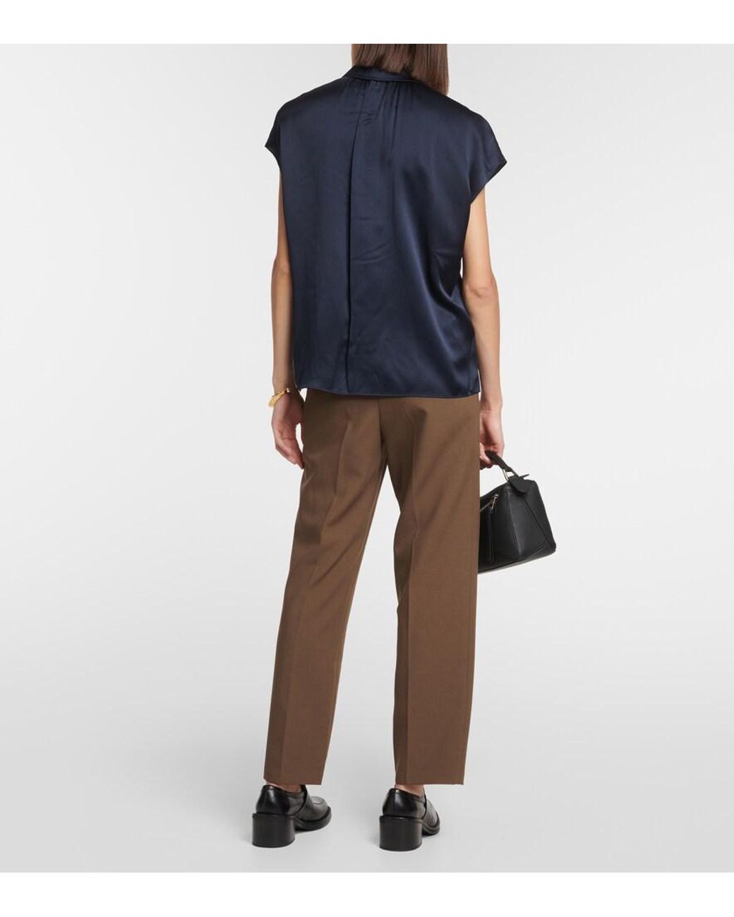 Vince Blue Ruched Silk Satin Blouse
