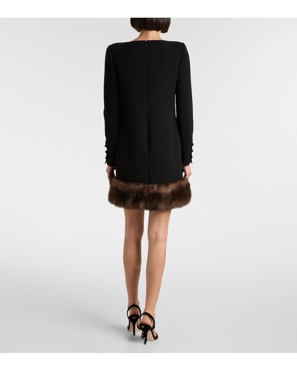 Valentino Black Shearling-Trimmed Virgin Wool Minidress