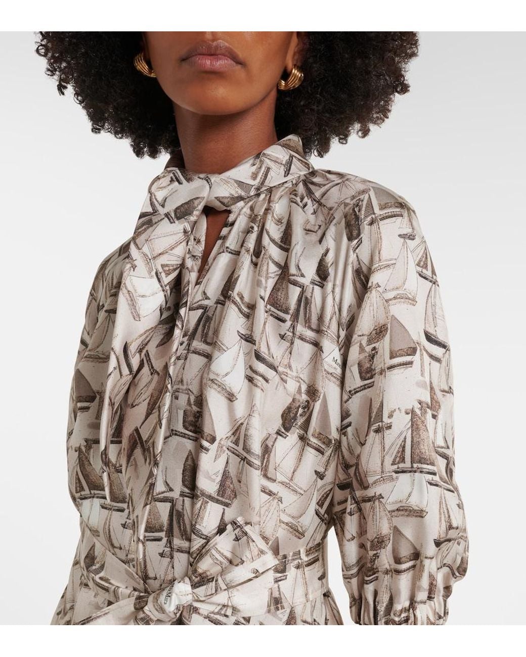 Max Mara White Printed Tie-Neck Silk Twill Midi Dress