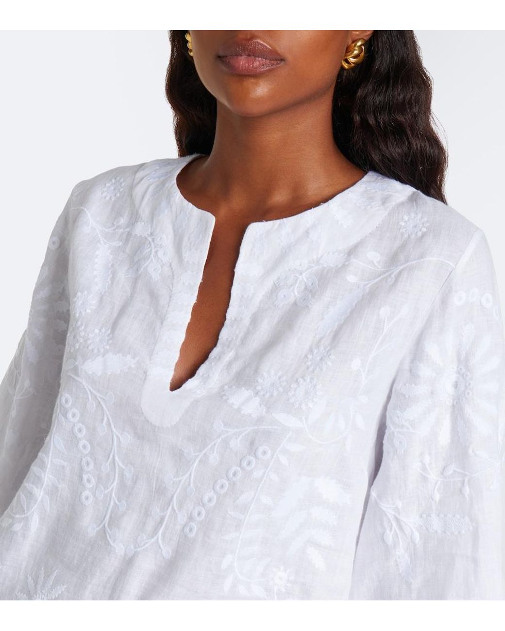 Eres White Aigue-Marine Embroidered Linen Minidress
