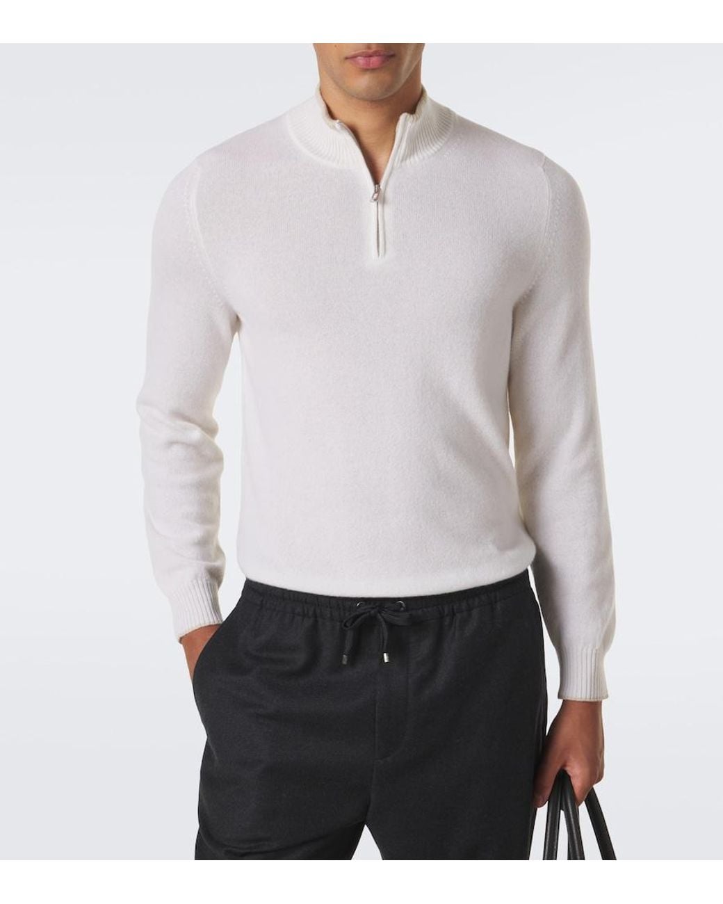 Fedeli White Cashmere Half-Zip Sweater for men