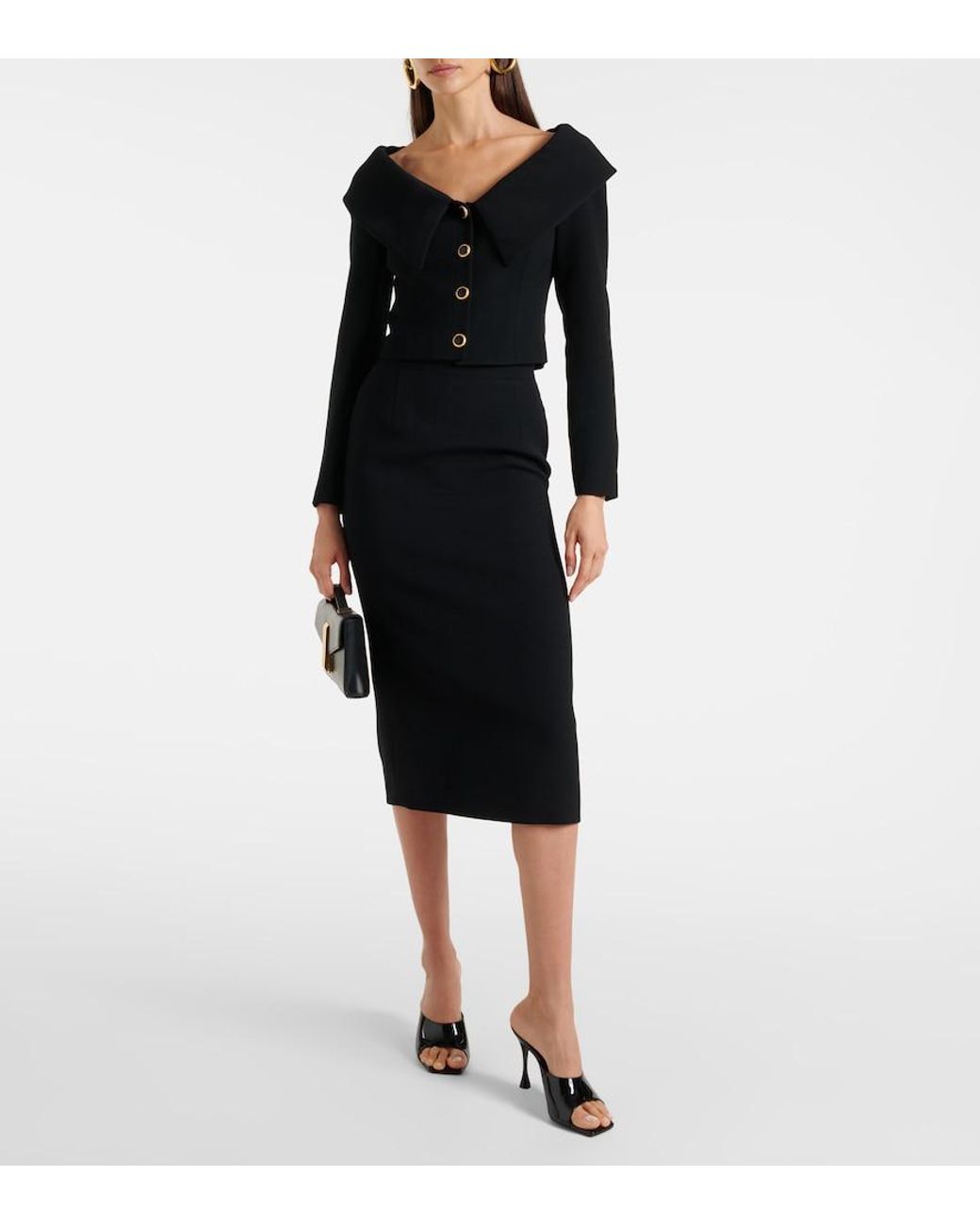 Alessandra Rich Black Tweed Bouclé Midi Skirt