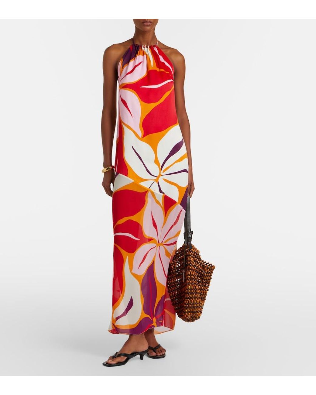 Cala De La Cruz Red Accasia Floral Halterneck Maxi Dress
