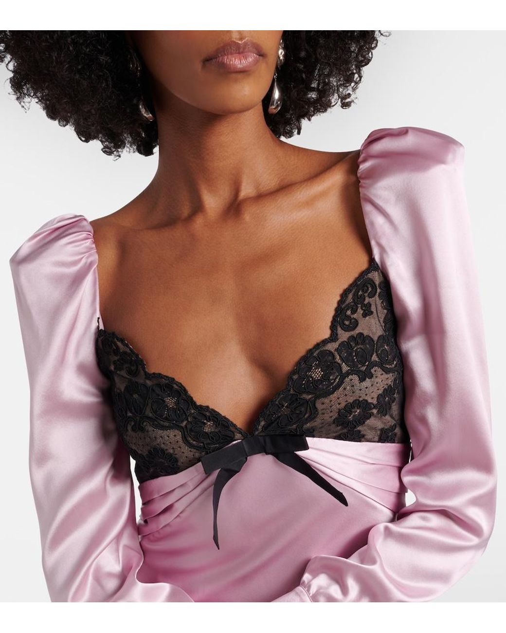 Alessandra Rich Pink Lace-Trimmed Silk Satin Midi Dress