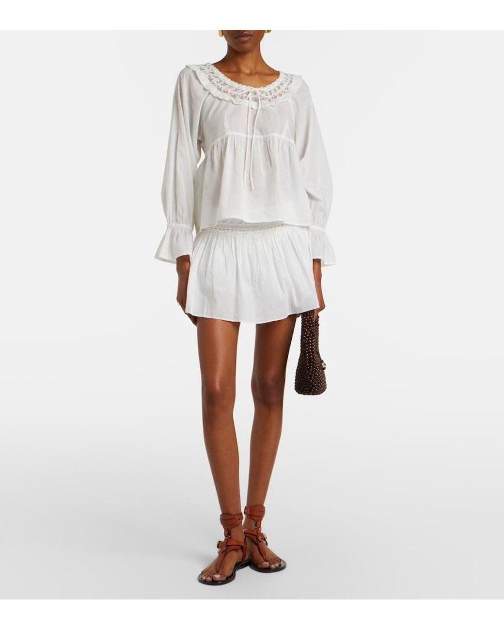 Posse White Danielle Lace-Trimmed Cotton Blouse