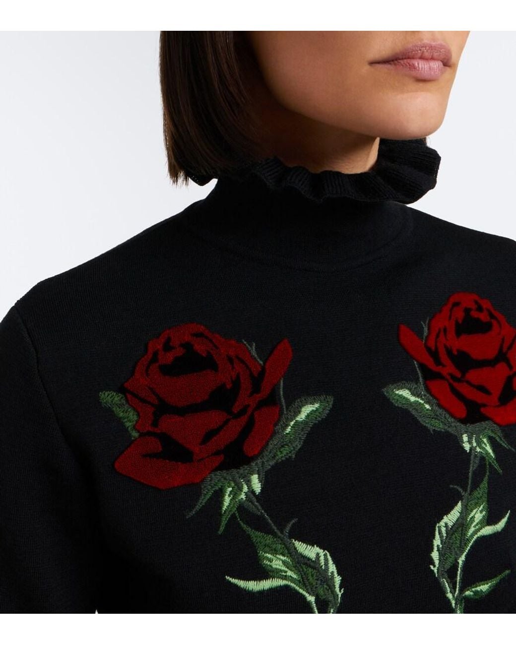 Blumarine Black Embroidered Ruffled Virgin Wool Sweater