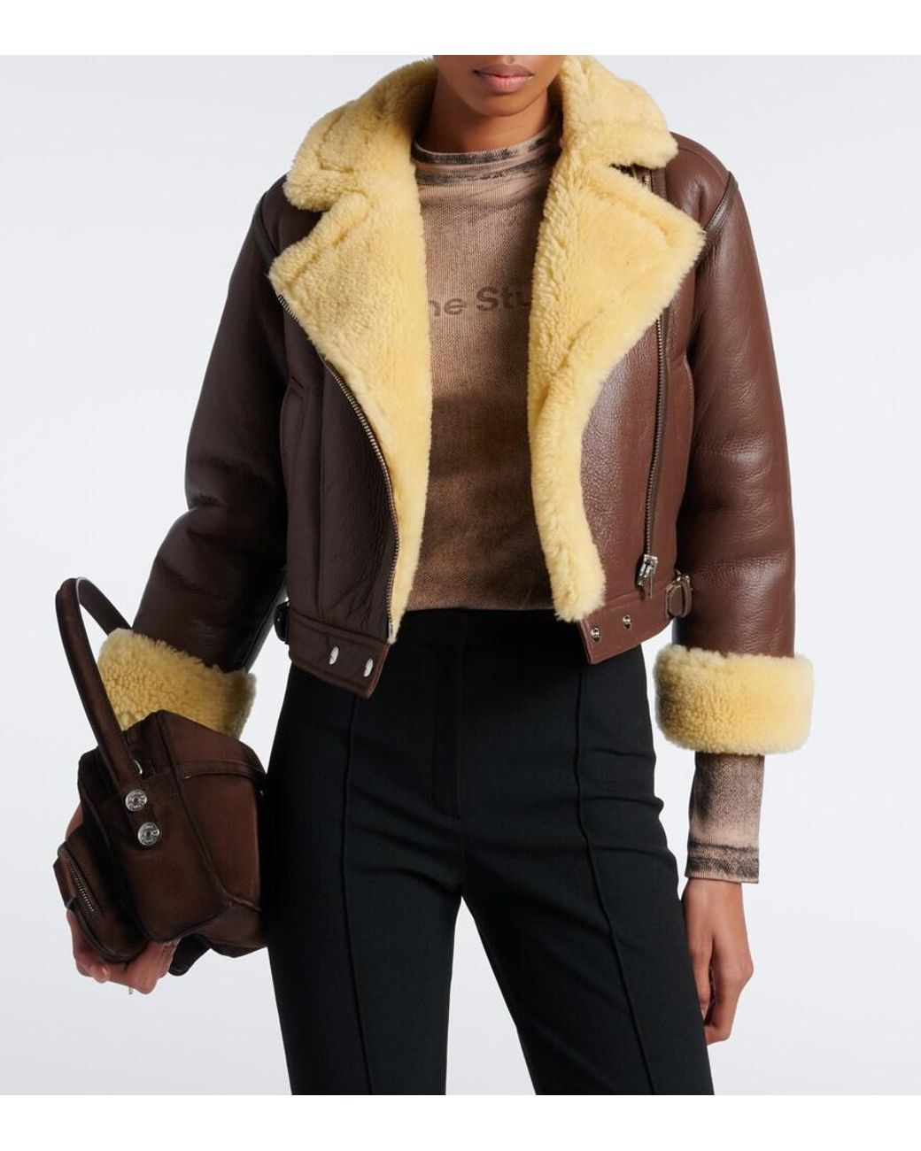 Acne Brown Shearling-Trimmed Leather Biker Jacket