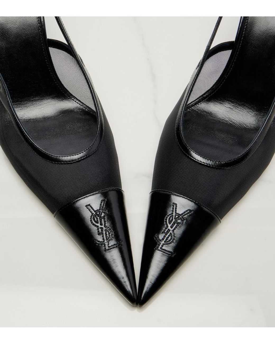 Saint Laurent Black Renee Mesh And Leather Slingback Pumps