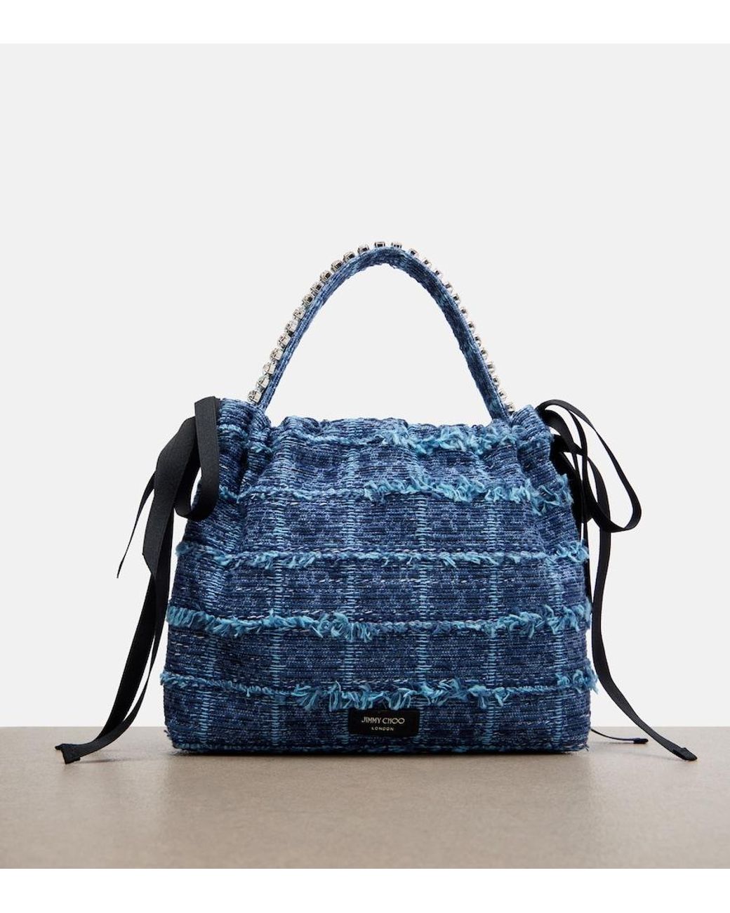 Jimmy Choo Blue Drawstring Mini Embellished Top-Handle Bag