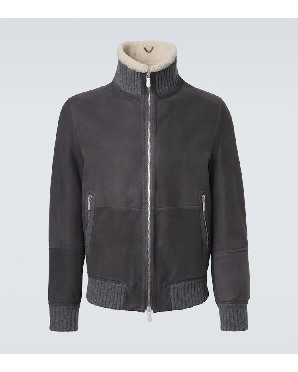Brunello Cucinelli Gray Cashmere-Trimmed Shearling Blouson Jacket for men