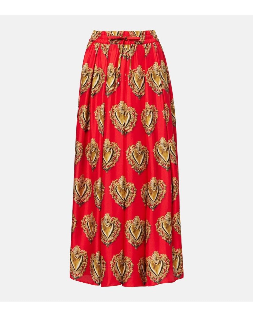 Dolce & Gabbana Red Printed Silk Satin Maxi Skirt
