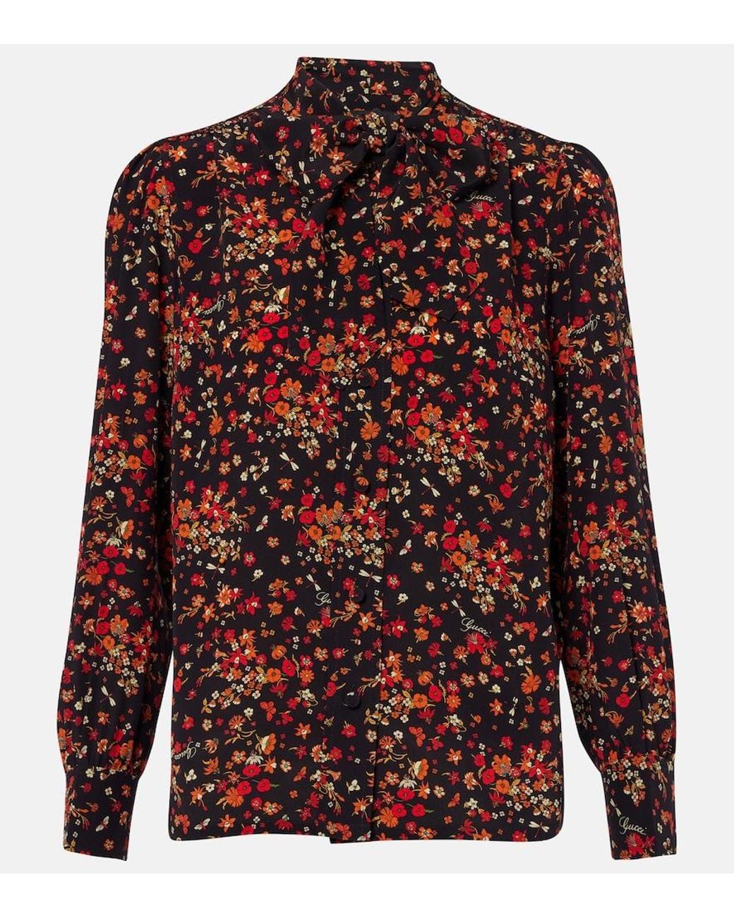 Gucci Red Bow-Detail Floral Silk Blouse