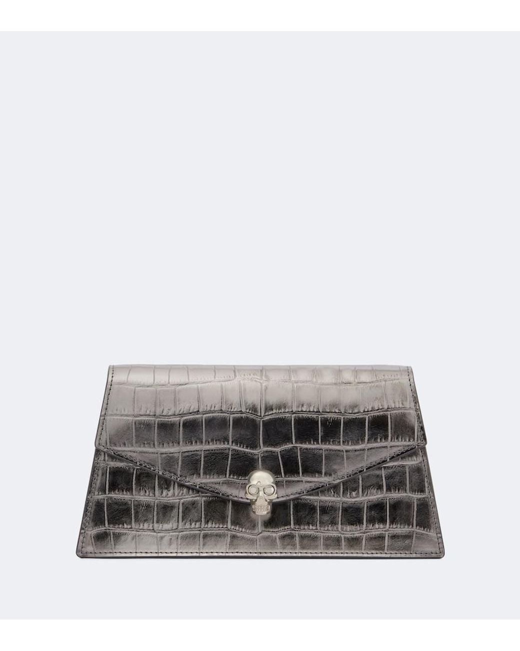McQueen Gray Skull Mini Croc-Effect Leather Clutch