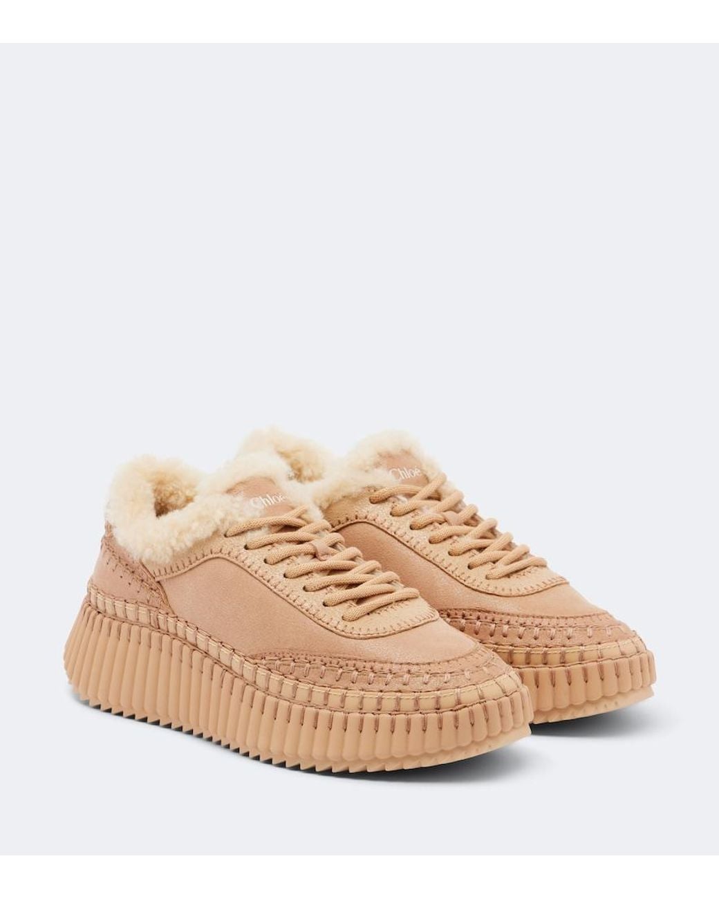 Chloé Natural Nama Shearling-Lined Suede Platform Sneakers