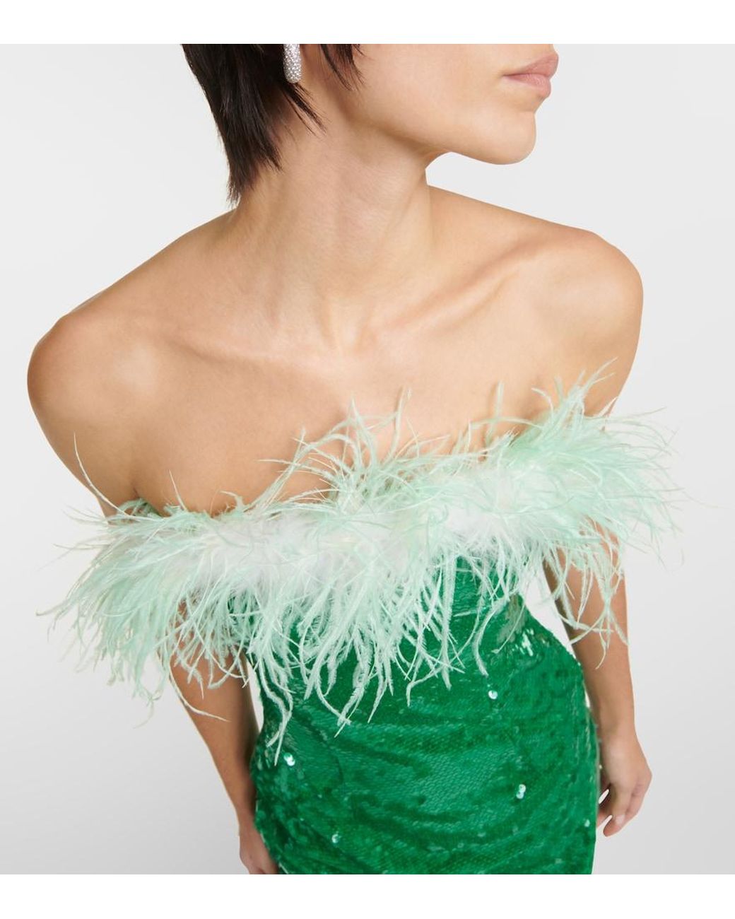 Self-Portrait Green Feather-Trimmed Sequined Midi Dress