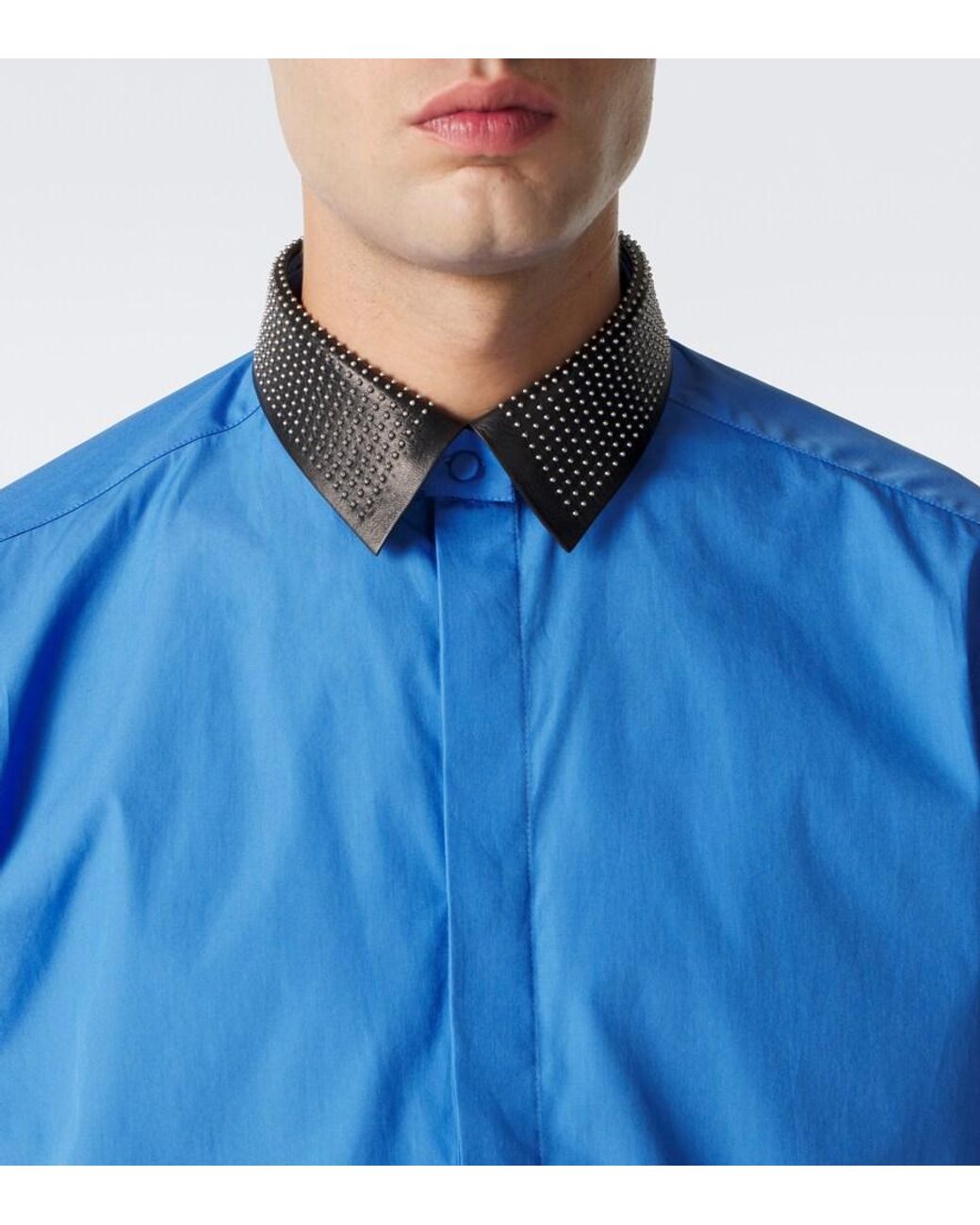 Tom Ford Blue Leather-Trimmed Studded Cotton Poplin Shirt for men