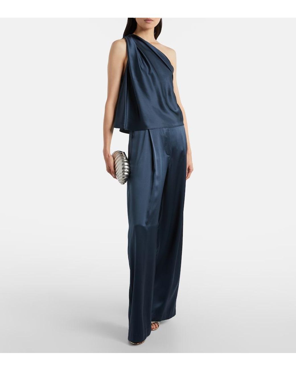 The Sei Blue One-Shoulder Silk Satin Top