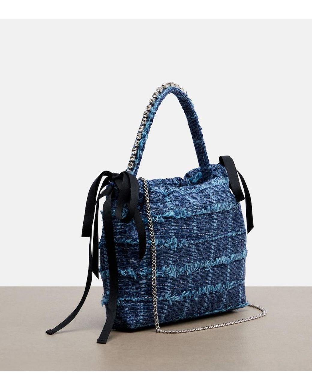 Jimmy Choo Blue Drawstring Mini Embellished Top-Handle Bag